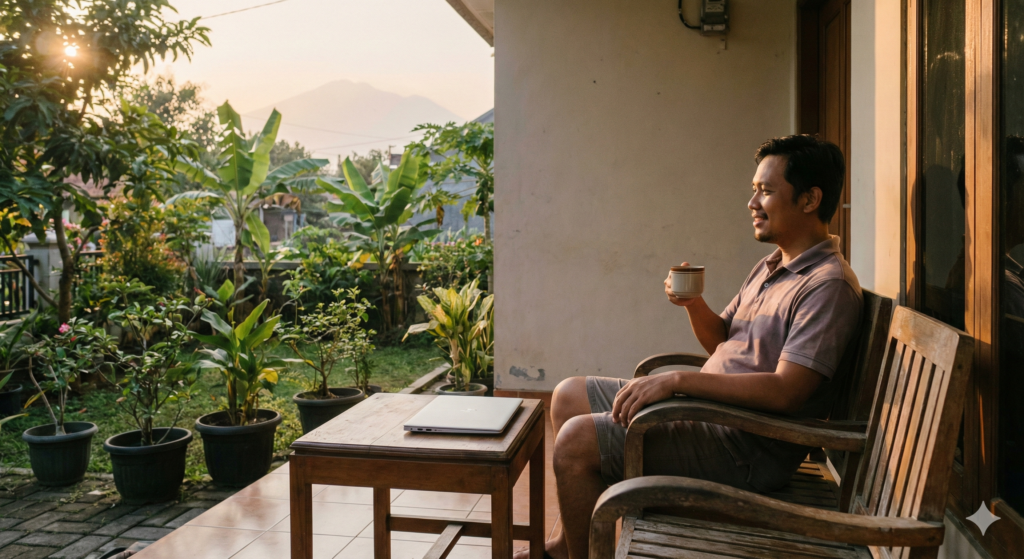 Suasana santai sore hari di rumah Cirebon menikmati teh