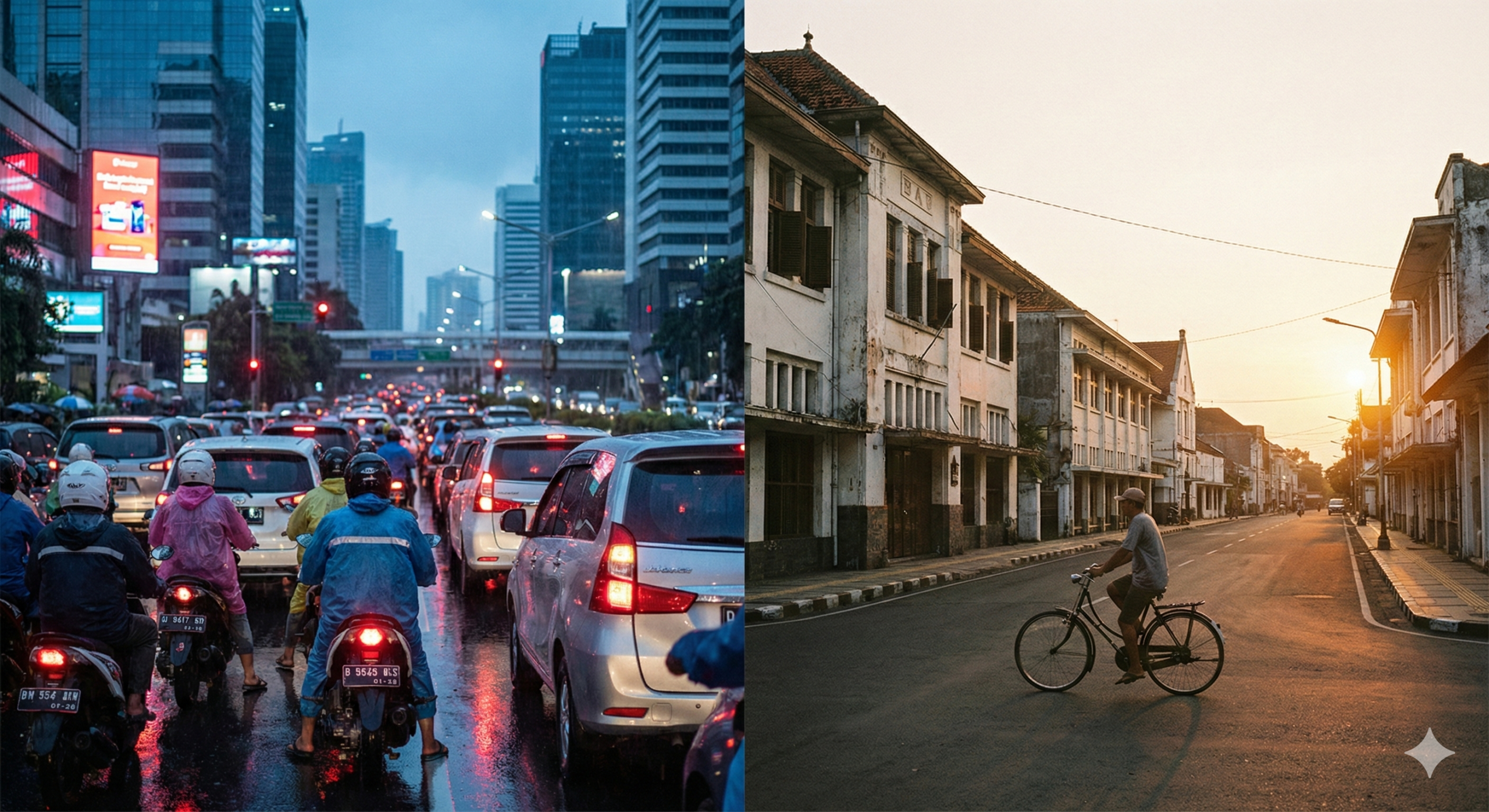 Perbandingan visual kemacetan Jakarta dan jalanan tenang yang menggambarkan rendahnya biaya hidup di Cirebon