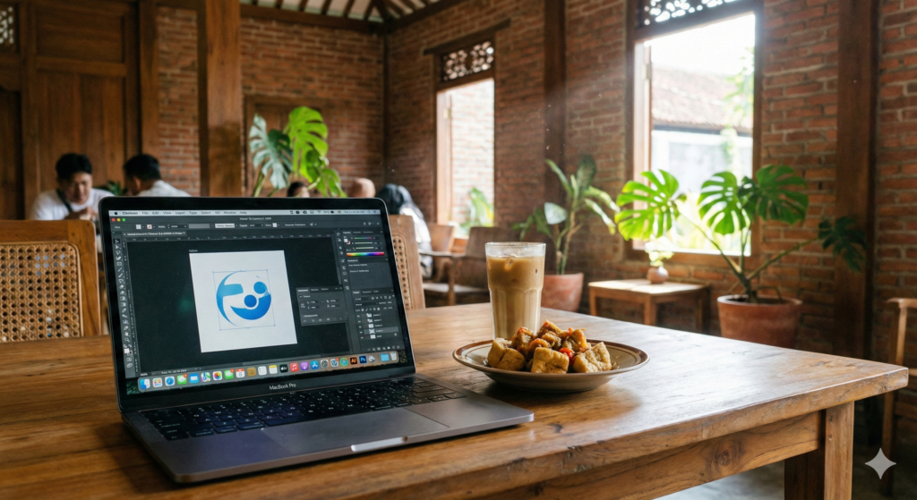 Digital nomad bekerja di cafe Cirebon dengan laptop dan tahu gejrot